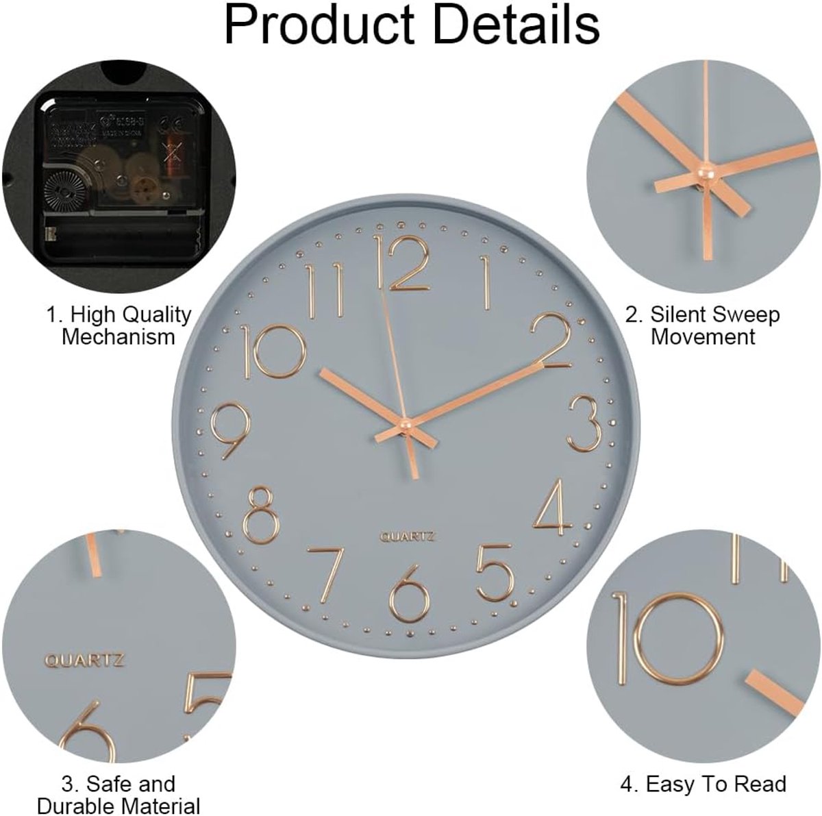 SnelShoppen - Stille Wandklok, Batterij-Aangedreven Ronde Wandklok, Modern Kwarts Design, 30 cm Grijze Rand, Ideaal voor Woonkamer, Kantoor, Keuken en