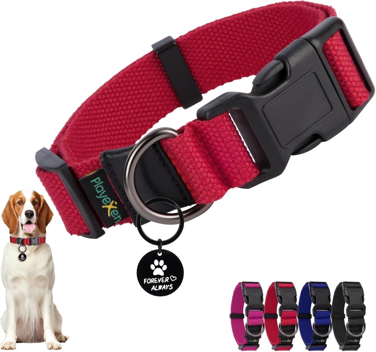 Thijox - Verstelbare Hondenhalsband van Zacht Katoen voor Honden en Katten - Gepersonaliseerd met Afneembaar Identificatielabel - Maat M 35-50/2,5 cm