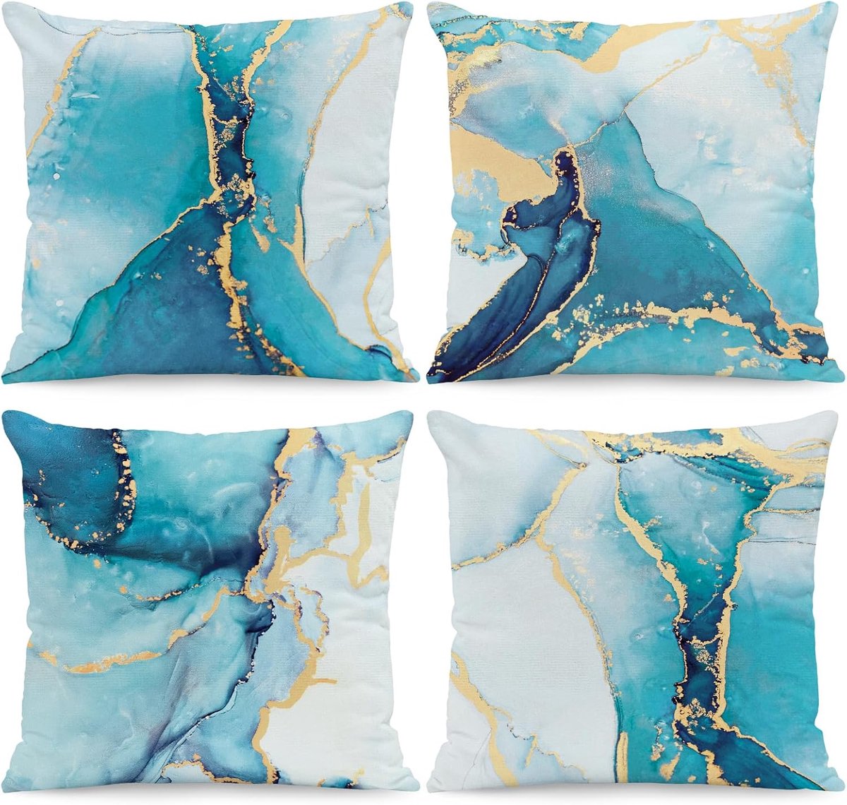 SnelShoppen - Sierkussenslopen set van 4, Cyaan goud marmer 45,5 x 45 cm, decoratieve kussenhoezen voor bank, woonkamer, modern design, housewarming c