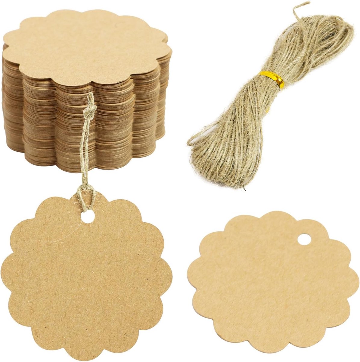 Thijox - 100 Stuks Cadeaulabels Kraftpapier met Jute Koord - Ronde Stercadeaulabels voor Kerstmis, Bruiloft, Geschenken en Doe-Het-Zelf Projecten