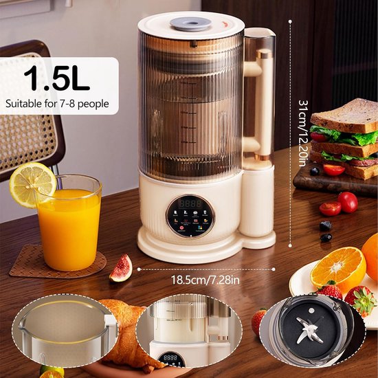 Automatische groente- en notenmelkmaker, smoothie- en sapcentrifuge van 1500 ml met zelfreinigende functie, 8-in-1 multifunctionele groentemelkmaker met 12 messen voor haver, noten en fruit. — afbeelding 2
