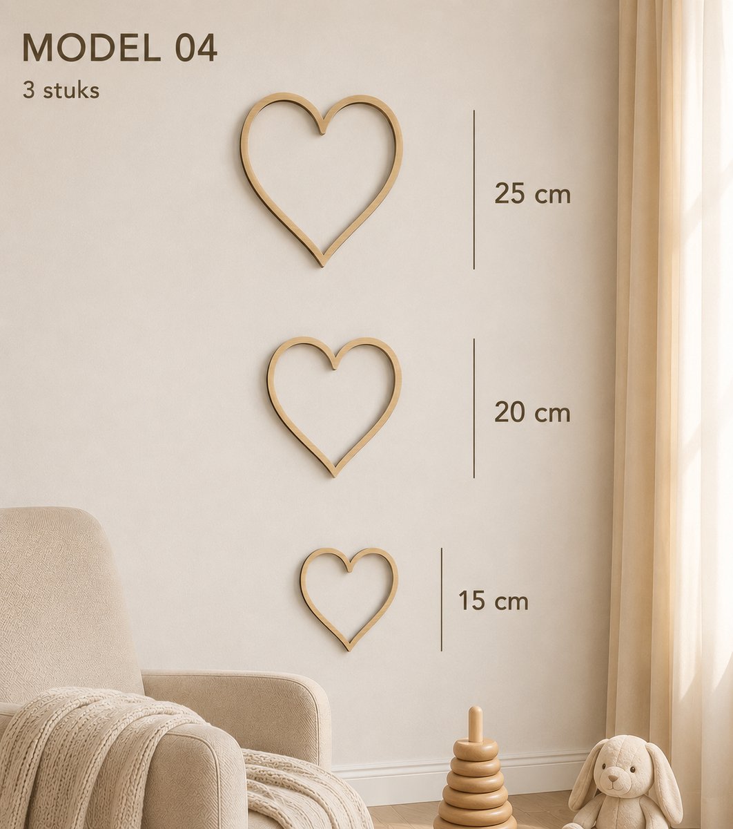 Houten Hart Wanddecoratie Babykamer – Set van 3 Houten Harten – Scandinavische Kinderkamer Decoratie – Natuurlijk Berkenhout – 15, 20 en 25 cm