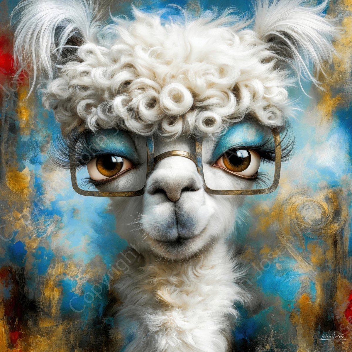 John Joseb Art (Glas) 80x80 | Grappige Alpaca met make up en bril, humor, abstract, humor, kunst, vierkant, Lama, dier, portret, blauw, bruin, rood, w | Foto-schilderij-glasschilderij-acrylglas-acrylaat-wanddecoratie