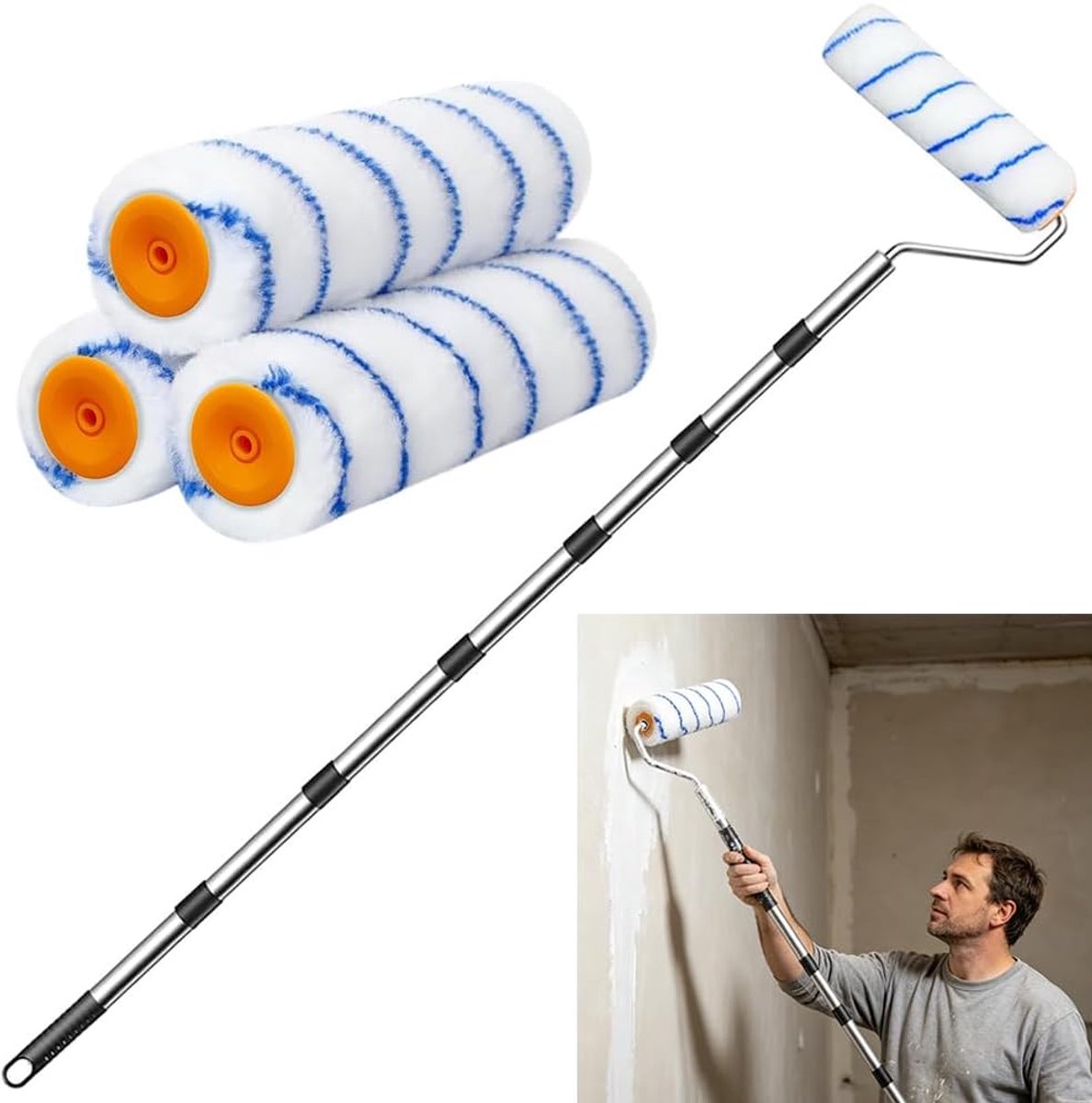 Thijox - Verfroller met telescopische staaf 240 cm - Premium kwaliteit muurverf roller, roestvrij staal, 5-delig, voor perfect verfresultaat op elke m