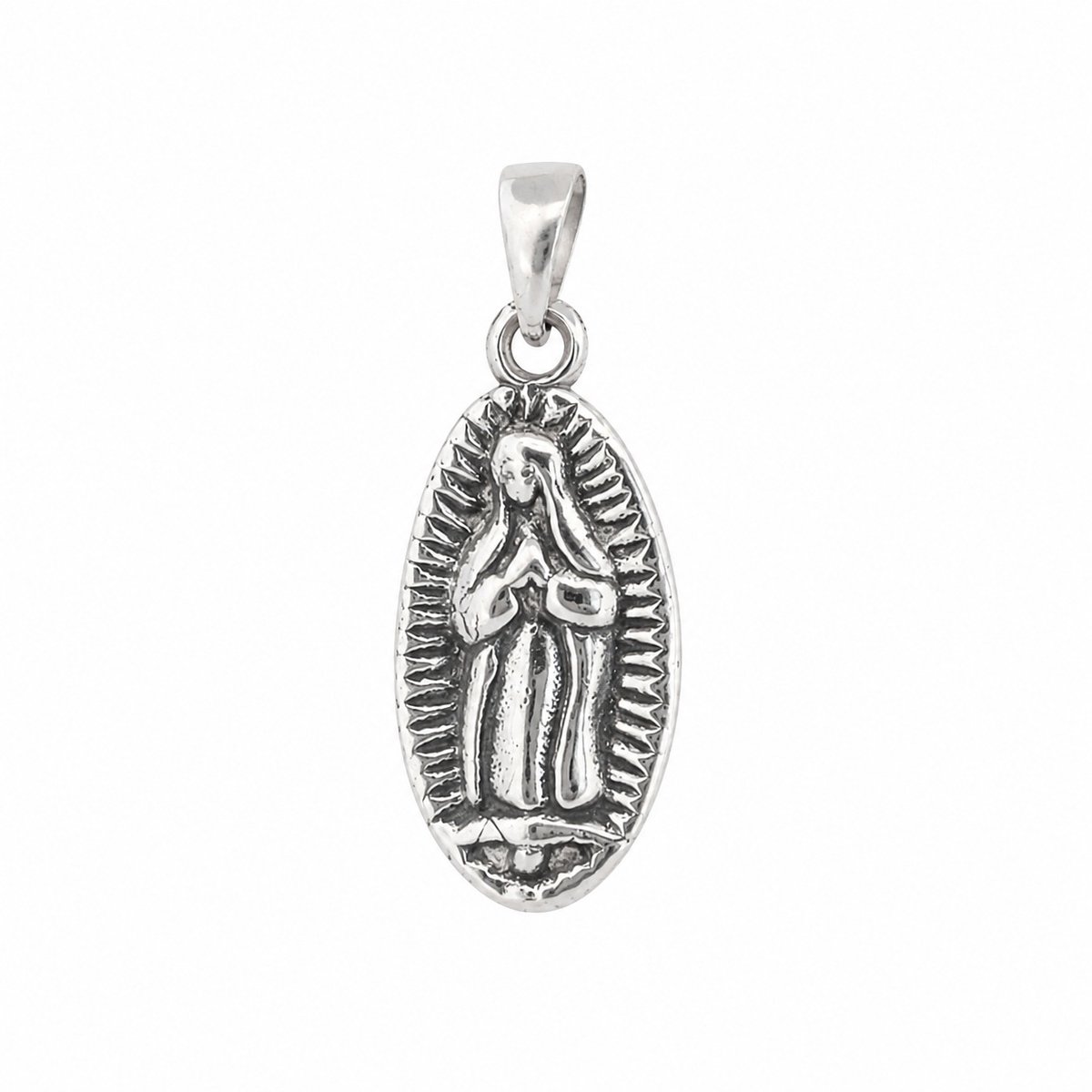 Zilveren religieuze hanger met maria in gebed voor dames en heren 10x30 mm met 5mm oog