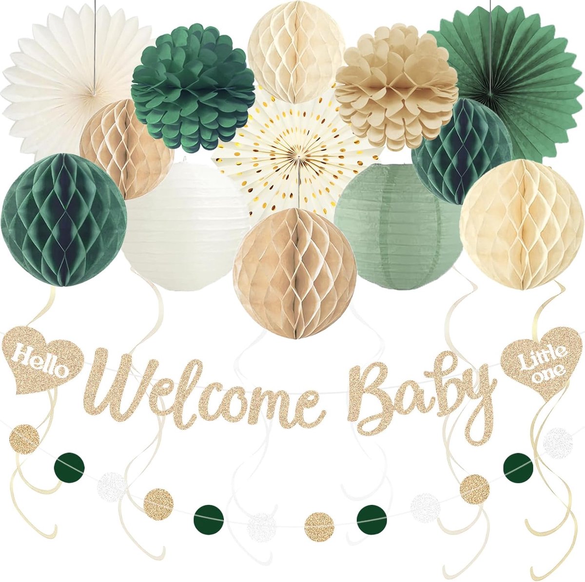 SnelShoppen - Salbeigroene Babyparty-Dekorationen voor Jongens, Compleet 24-Delig Set met Welkomstschild, Wabenbällen, Papierbloemen, Laternen, Fächer