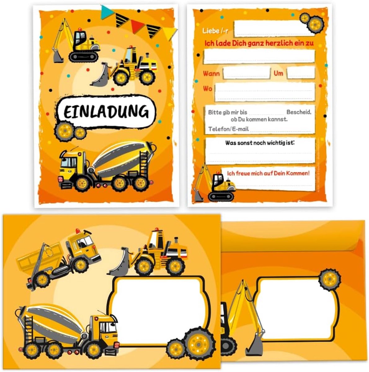 SnelShoppen - 12 Uitnodigingskaarten voor Kinderverjaardag - Bouwplaats Thema - Inclusief 12 Enveloppen - 300 g/m² - Zelfklevend - Feest, Jongens, Ver
