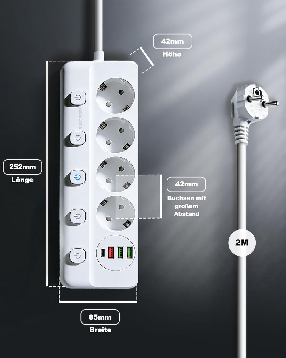 SnelShoppen - 4-voudige stekkerdoos met 4 USB-poorten, 2 m kabel, 2500 W, schakelbaar, met kinderbeveiliging en antislip, ideaal voor kantoor en huish