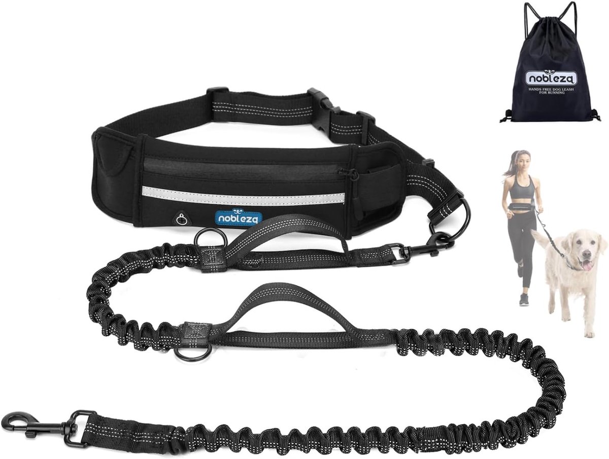 SnelShoppen - Elastic hands free hondenriem met zak, retractable hondenriem met dubbele elastische koord, verstelbare strap, reflecterende strip voor