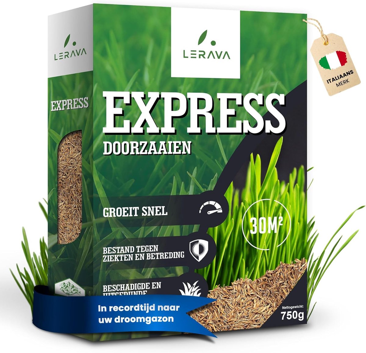 SnelShoppen - LERAVA EXPRESS Graszaden 30 m² - Snelle Groei en Slijtvaste Graszaad voor een Dichte en Groene Grond - Geschikt voor Zonnige en Half-Sch