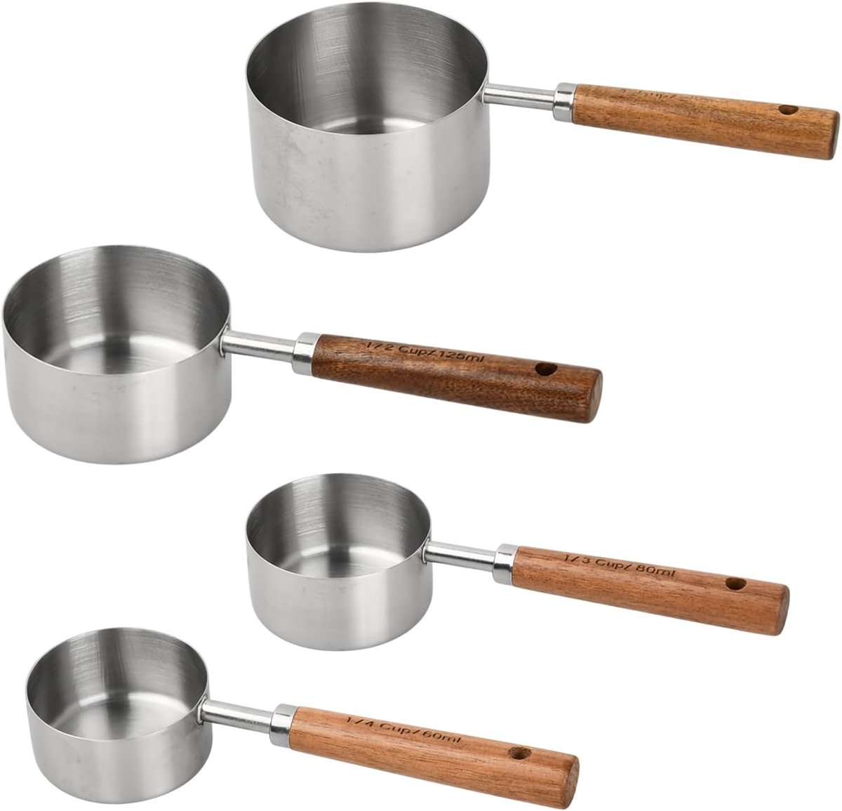 SnelShoppen - 4-delige Maatlepel en Maatbeker Set, Roestvrij Staal, Gegraveerde Schaal, Houten Handvat, Perfect voor Koken en Bakken, Keukenaccessoire