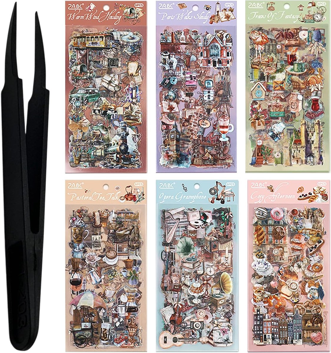 Thijox - 563 Stuks Vintage Plakboekstickers, Waterdichte PET Stickervellen met Precisie Pincet voor Dagboek en Creatieve Projecten