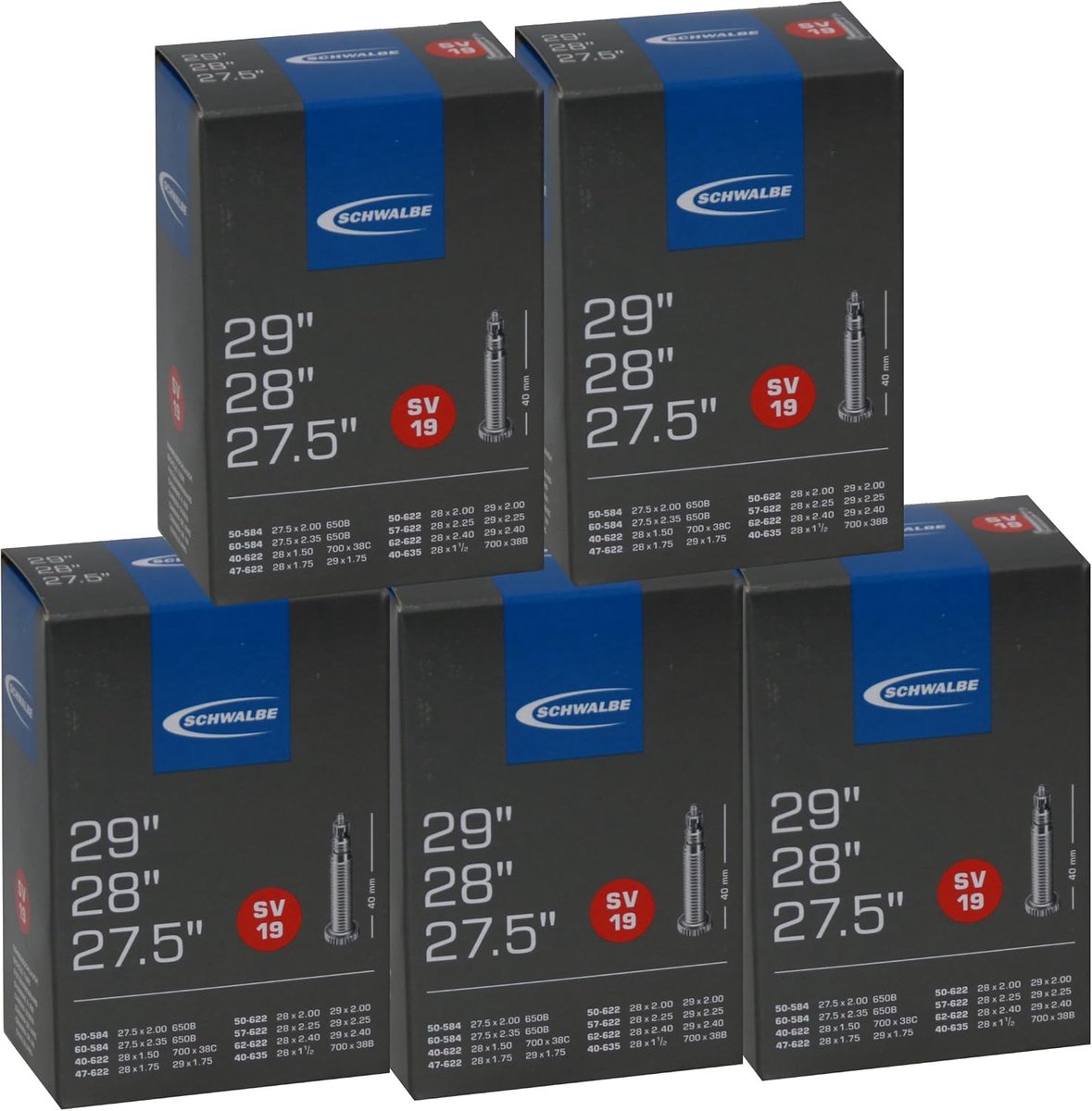 SnelShoppen - Fietsbinnenband Unisex 28" - SV19 Binnenband met Sclaverter Ventiel 40mm - Set van 5 Stuks - Voor Racefiets, Mountainbike en Stadsfiets