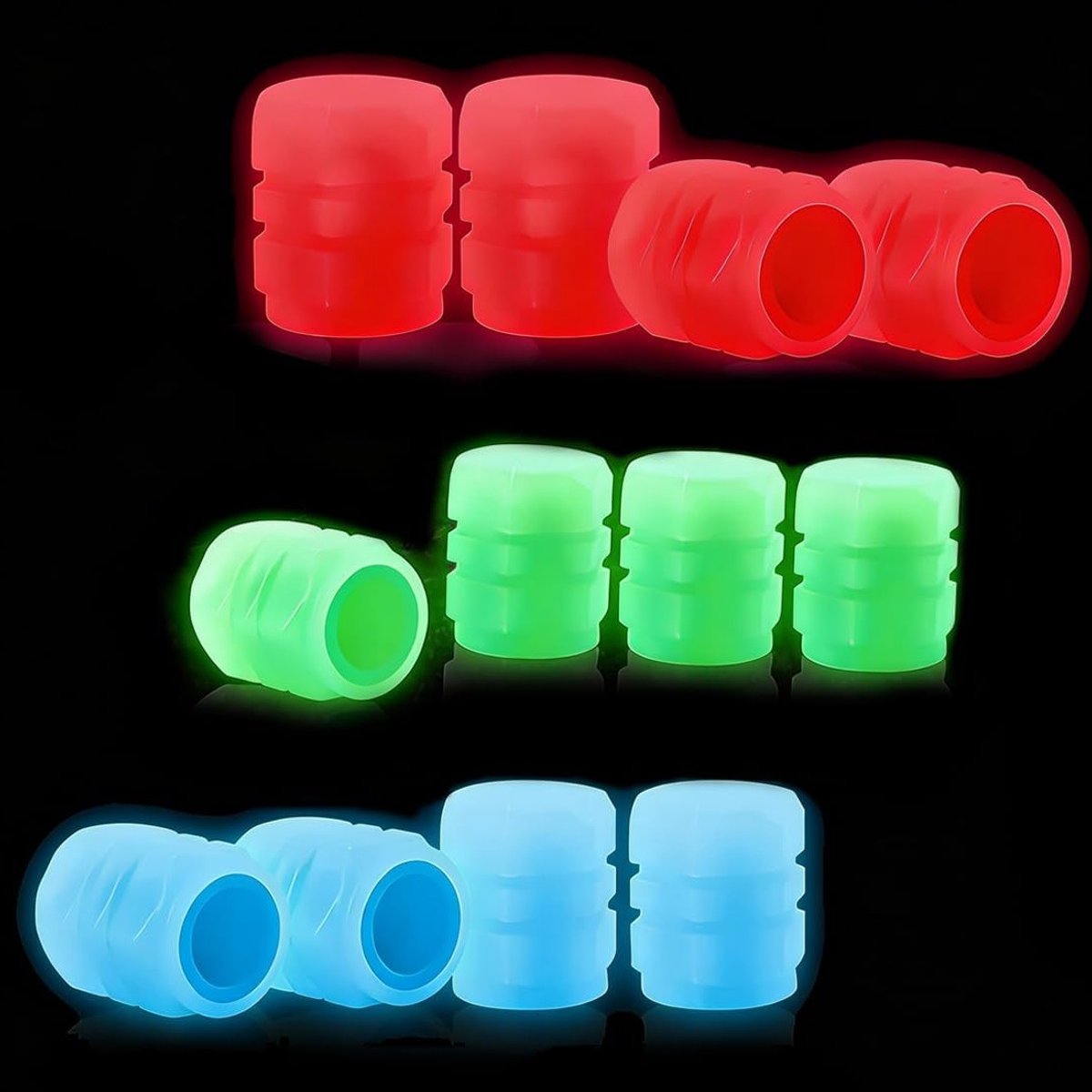 Fluorescerende Ventieldoppen voor Auto- en Fietskleppen, 12 Stuks, Luminous Plastic Caps voor Veiligheid en Stijl