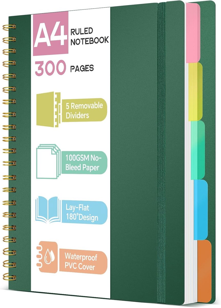 Thijox - Notitieboek A4 met tabbladen - 300 pagina's 100 g/m² anti-doorloopinkt papier, stevige PVC-kaft, spiraalgebonden projectboek voor school, kan