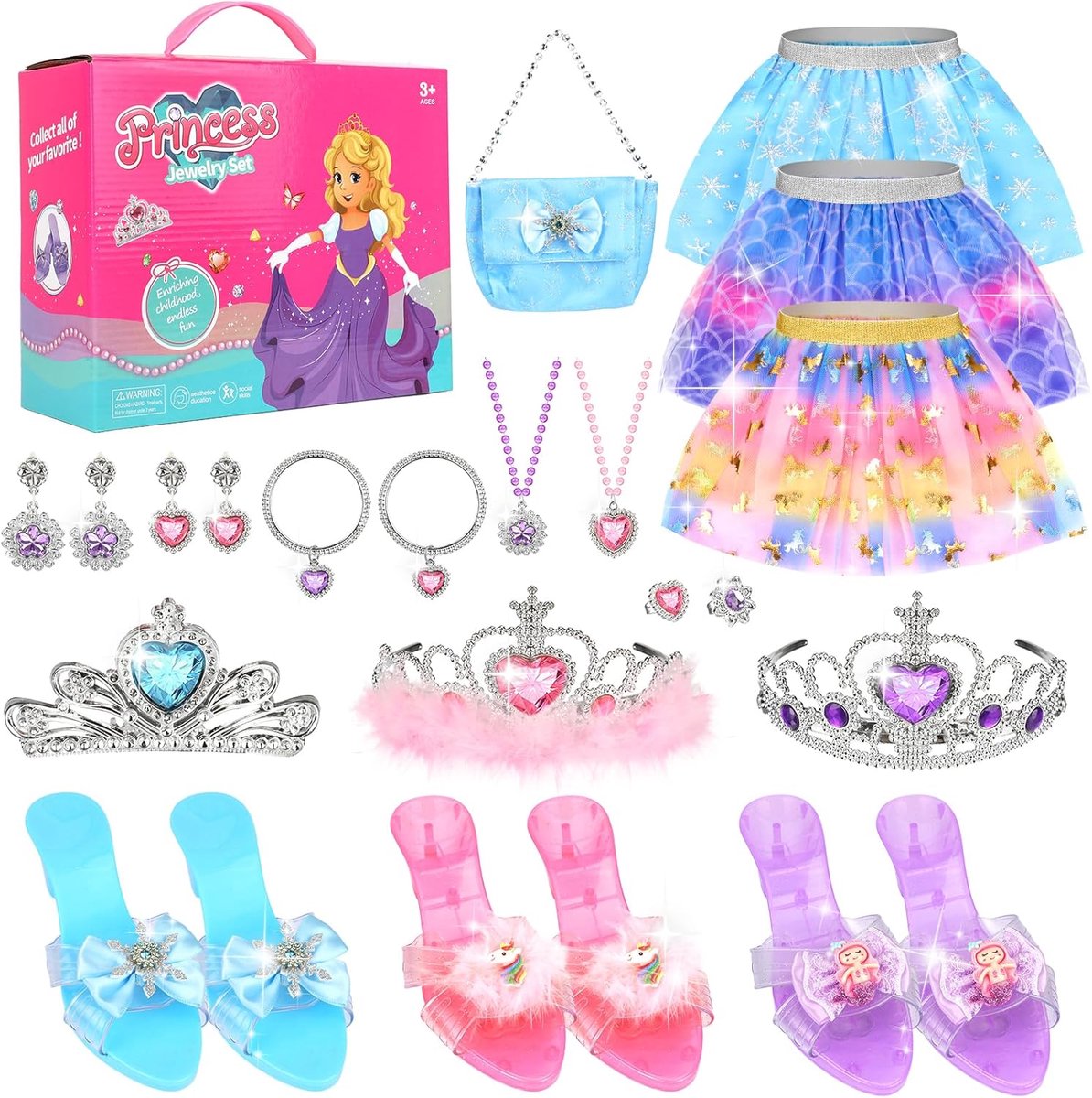 SnelShoppen - Princess Dress, Tutu Rok, Prinsessenschoenen, Sieraden, Prinsessenspeelgoed, Kostuum voor Meisjes, Rollenspel, Verjaardag voor 3-7 Jaar