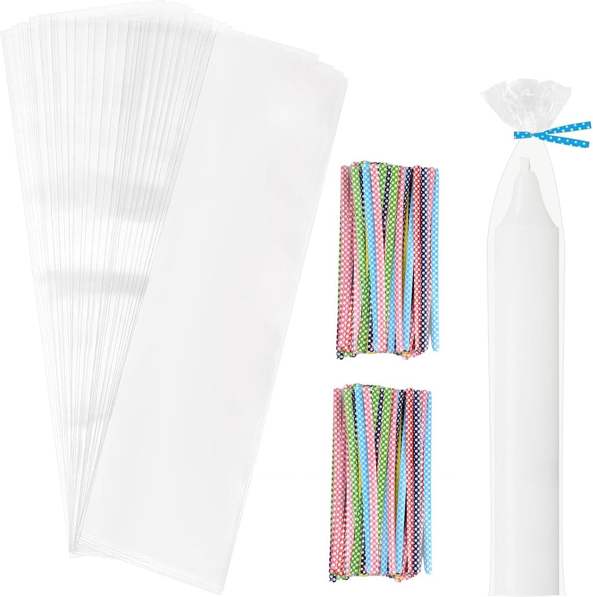 SnelShoppen - Pack van 200 Transparante Cellofaan Tassen 32 x 6 cm, Plastic Zakjes, OPP Materiaal met 200 Sluitingsties voor Candele, Gioielli, Feestd