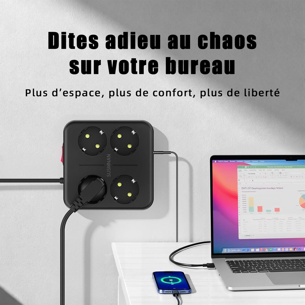 SnelShoppen - Stekkerdoos met Schakelaar en Overspanningsbeveiliging, 4 AC-uitgangen + 4 USB-poorten (3 USB-A, 1 USB-C), 1,8 m Snoer, Zwart, Ideaal vo