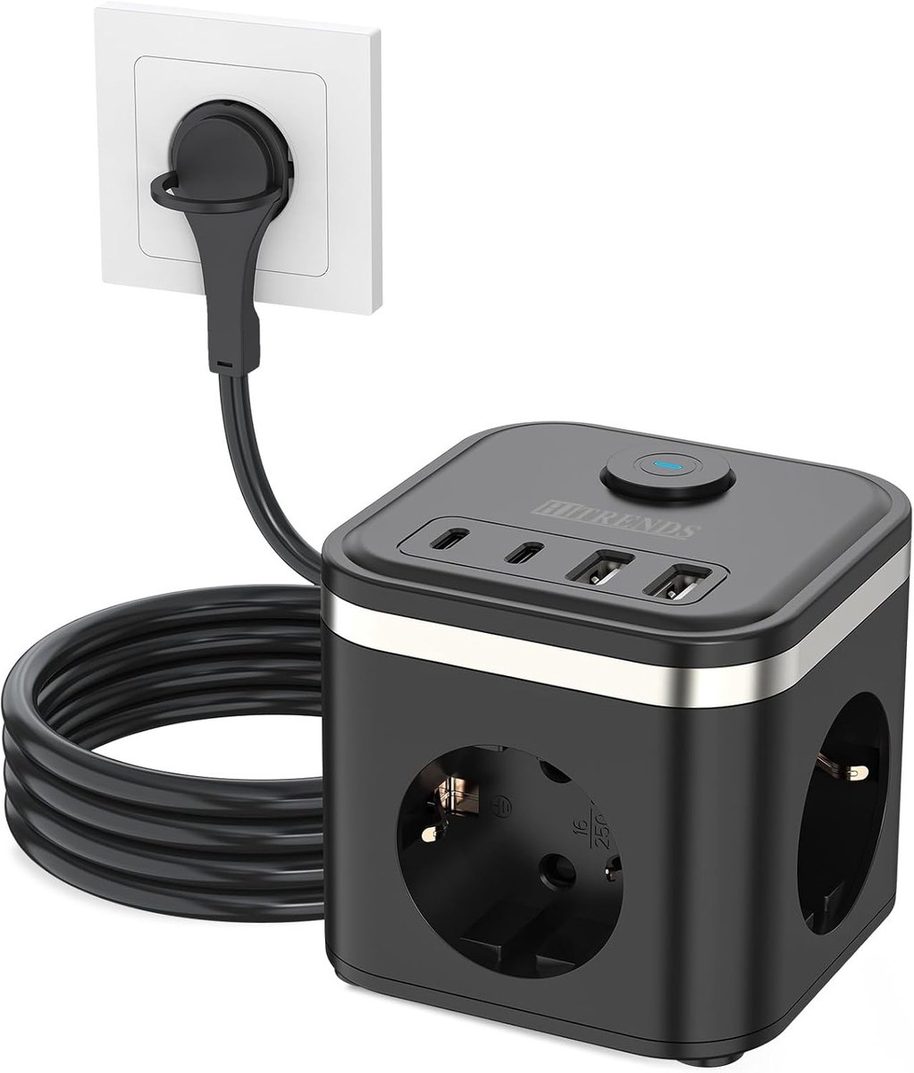 SnelShoppen - Stekkerkubus met USB, USB-C Stekkerdoos, 3-voudig Stopcontact met Schakelaar, Zwart, Ideaal voor Thuis, Kantoor en Reizen