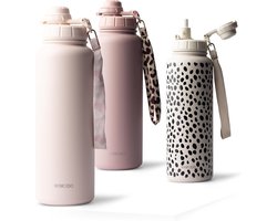 MAMEIDO Thermoflask with straw 500 ml, insulated children's drinking bottle made of stainless steel, leak-proof BPA-free water bottle (Blush Kissed)