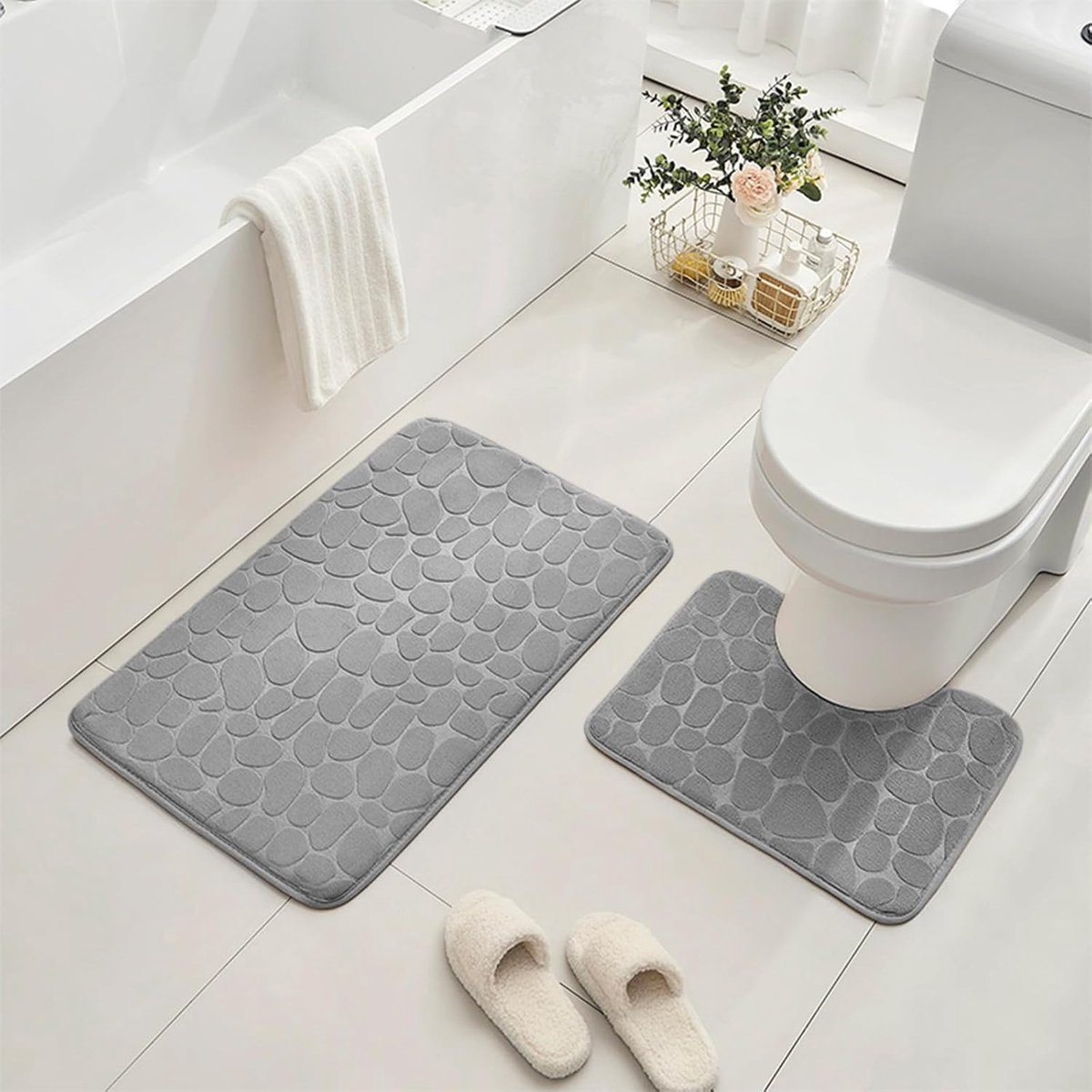 SnelShoppen - 2-delige Badmatset Traagschuim Kiezelsteen Antislip Badmat en Tapijt - Zacht en Comfortabel met Super Wateropname - Lichtgrijs voor Badk