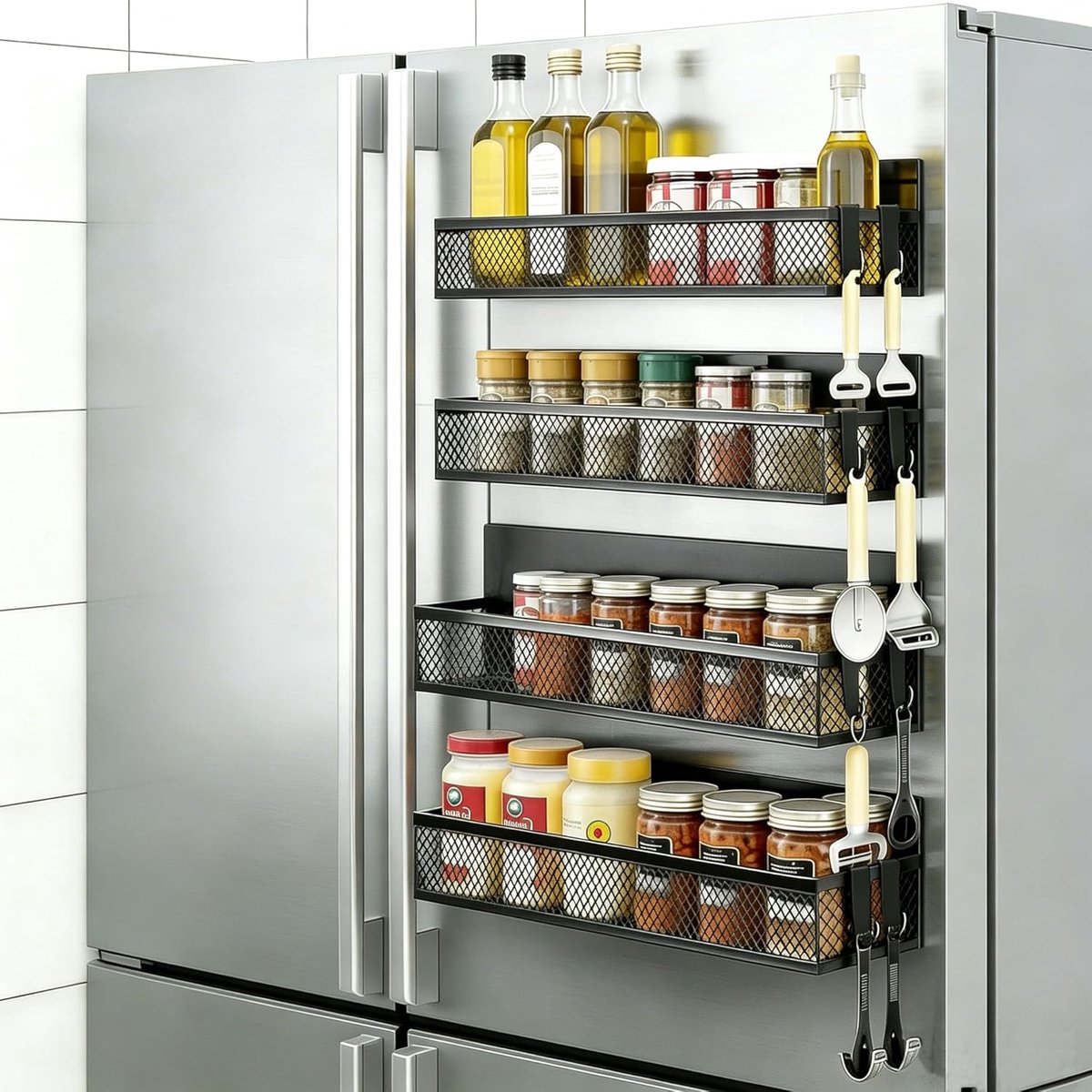 Thijox - Magnetisch Kruidenrek Set van 4 (2 Grote, 2 Middelgrote), Keukenorganizer Zonder Boren, Sterke Magneten voor Koelkast, Magnetron & Keukenkast