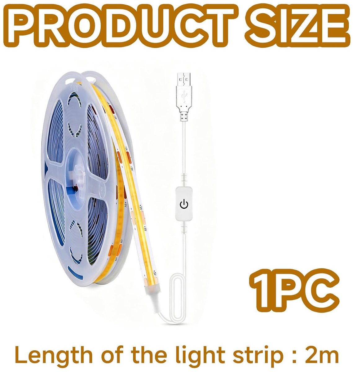 SnelShoppen - COB-ledstrip 2m Warmwit 3000K met USB-aansluiting, Touch-dimmer, 320 leds/m, Zelfklevend voor Indirecte Verlichting in Keuken, Slaapkame