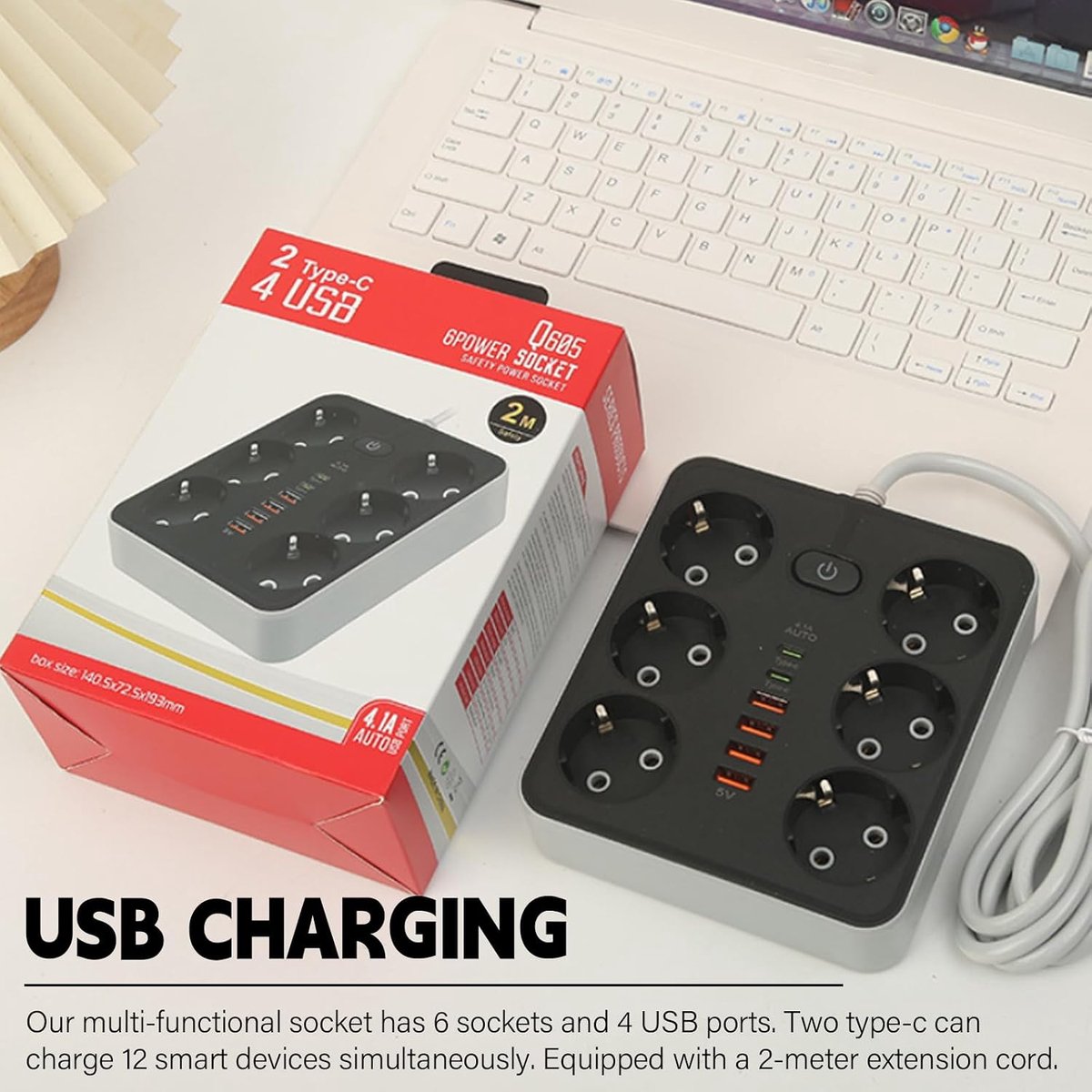SnelShoppen - Stekkerdoos met 6 Vakken en 6 USB (4 USB-A & 2 Type-C) - Meervoudige Stekkerdoos met Schakelaar, 1,8 m Verlengkabel, Overspanningsbeveil