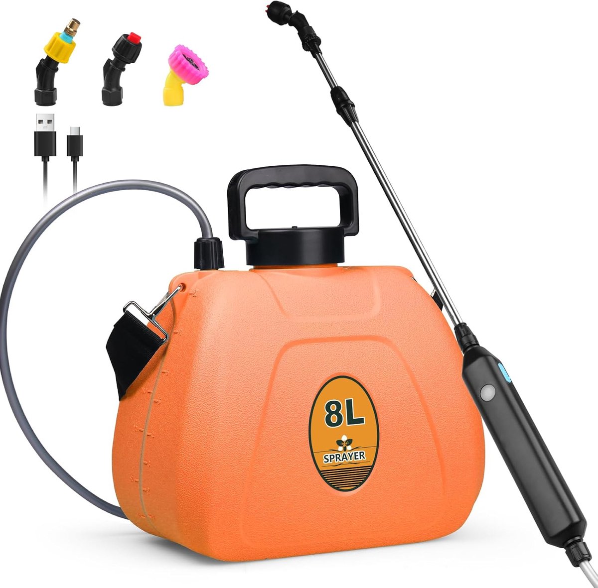 SnelShoppen - Elektrische Drukspuit 8 L met Hoge Druk Pomp, 1500 mAh, USB Oplaadbaar, 3 Nozzles en Telescopische Stang voor Tuin, Gras, Heg, Onkruid,