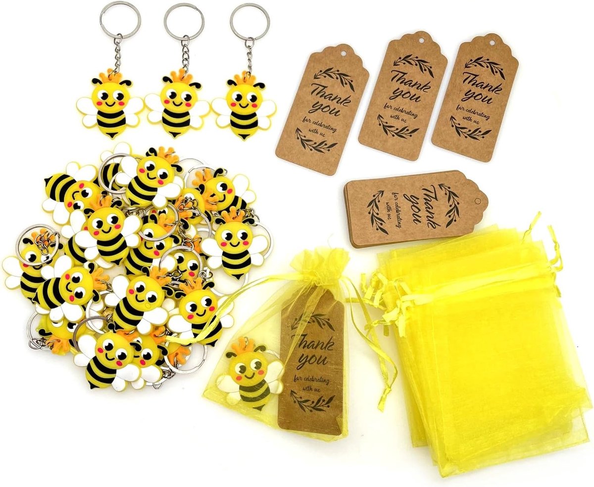 Thijox - 25x Bijen Sleutelhangers met Gele Confetti Zakjes en Kraft Gift Tags - Perfecte Geefcadeaus voor Kinderverjaardagsfeestjes, Hommel Thema Fees