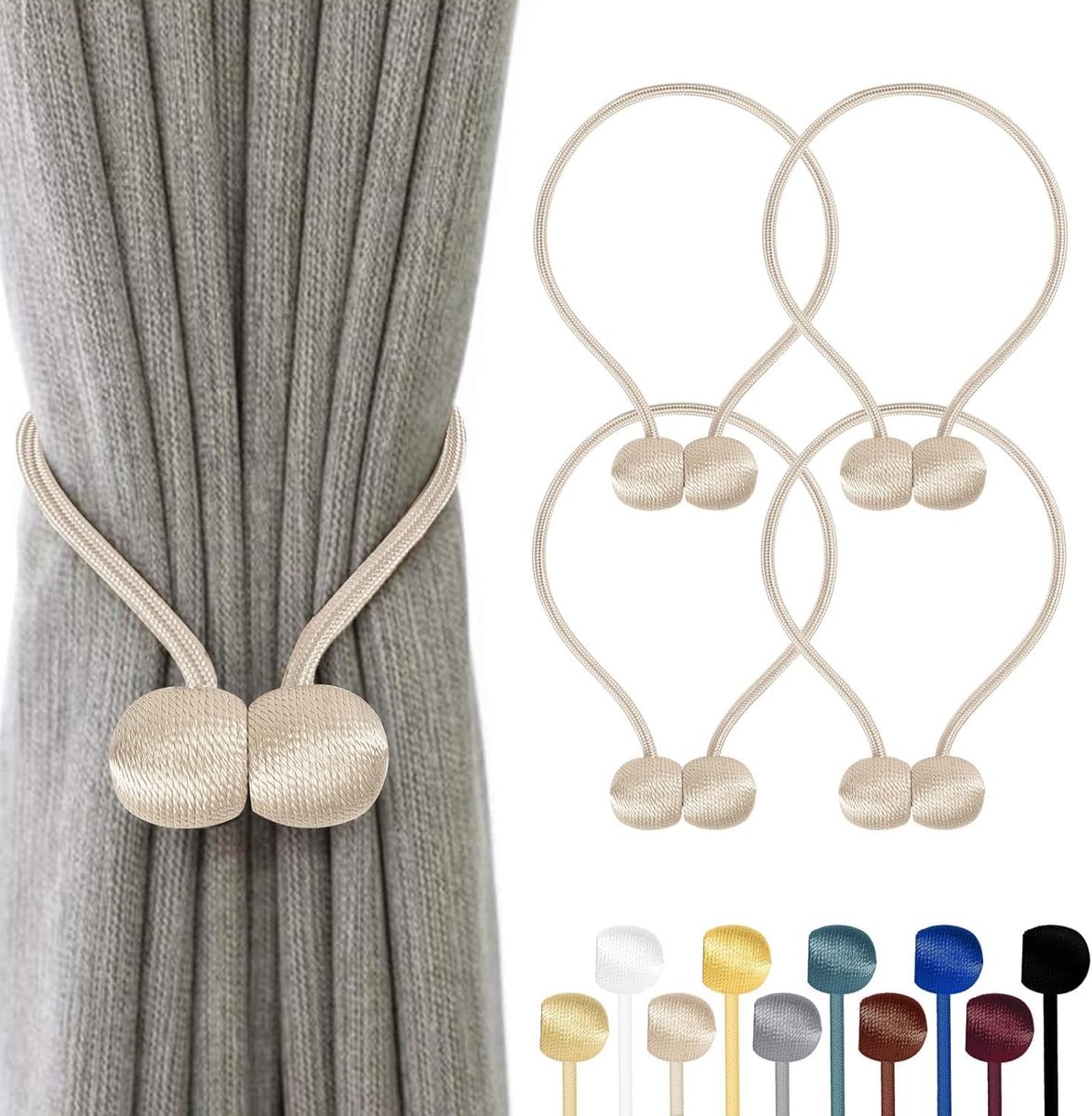SnelShoppen - 4 Stuks Magnetische Gordijnhouders, Duurzaam en Kleurvast, Voor Woonkamer, Slaapkamer, Badkamer, Eetkamer, Beige, Tool-Free Installatie