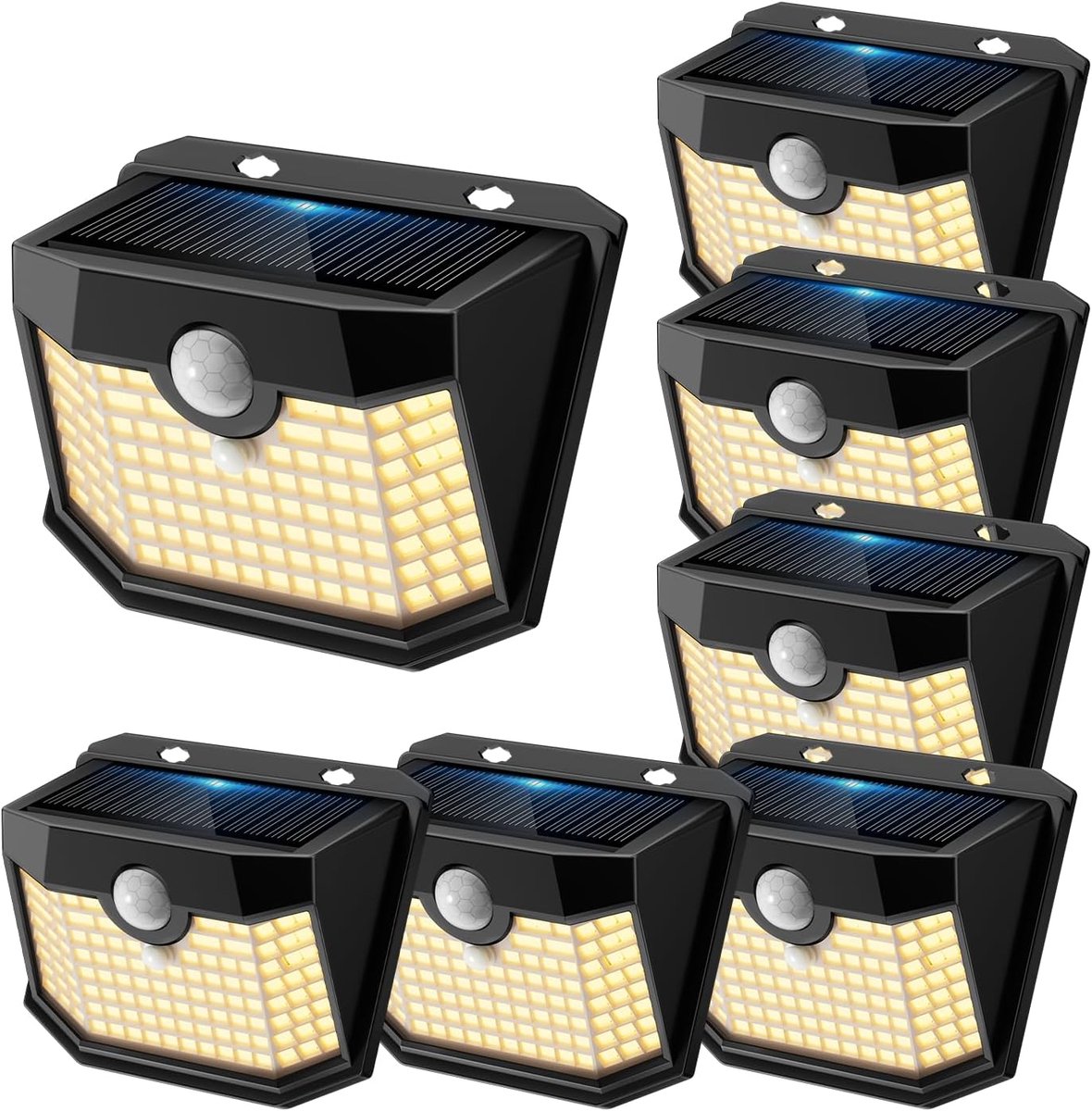 SnelShoppen - Solarlampen Buiten met Bewegingssensor, 120LEDs, IP65 Waterdicht, 3 Verlichtingsstanden, Tuinverlichting, Draadloos, 7 Stuks, Zwart, War