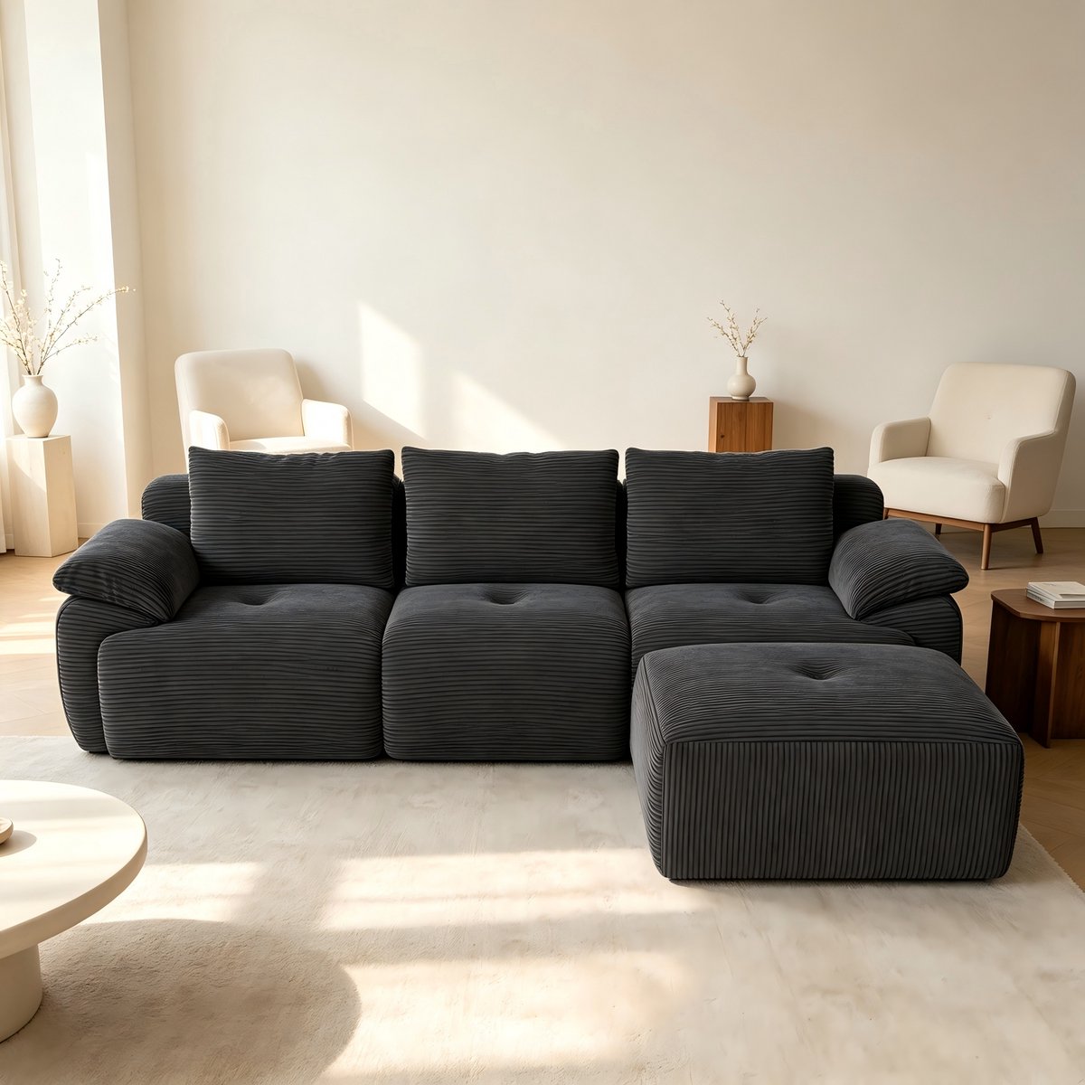 Modulaire bank-3-zits bank - woonkamer bank – L-vormige bank met hocker en kussens - modern corduroybank - kleine woonkamer - zwart - 264x161x71 cm