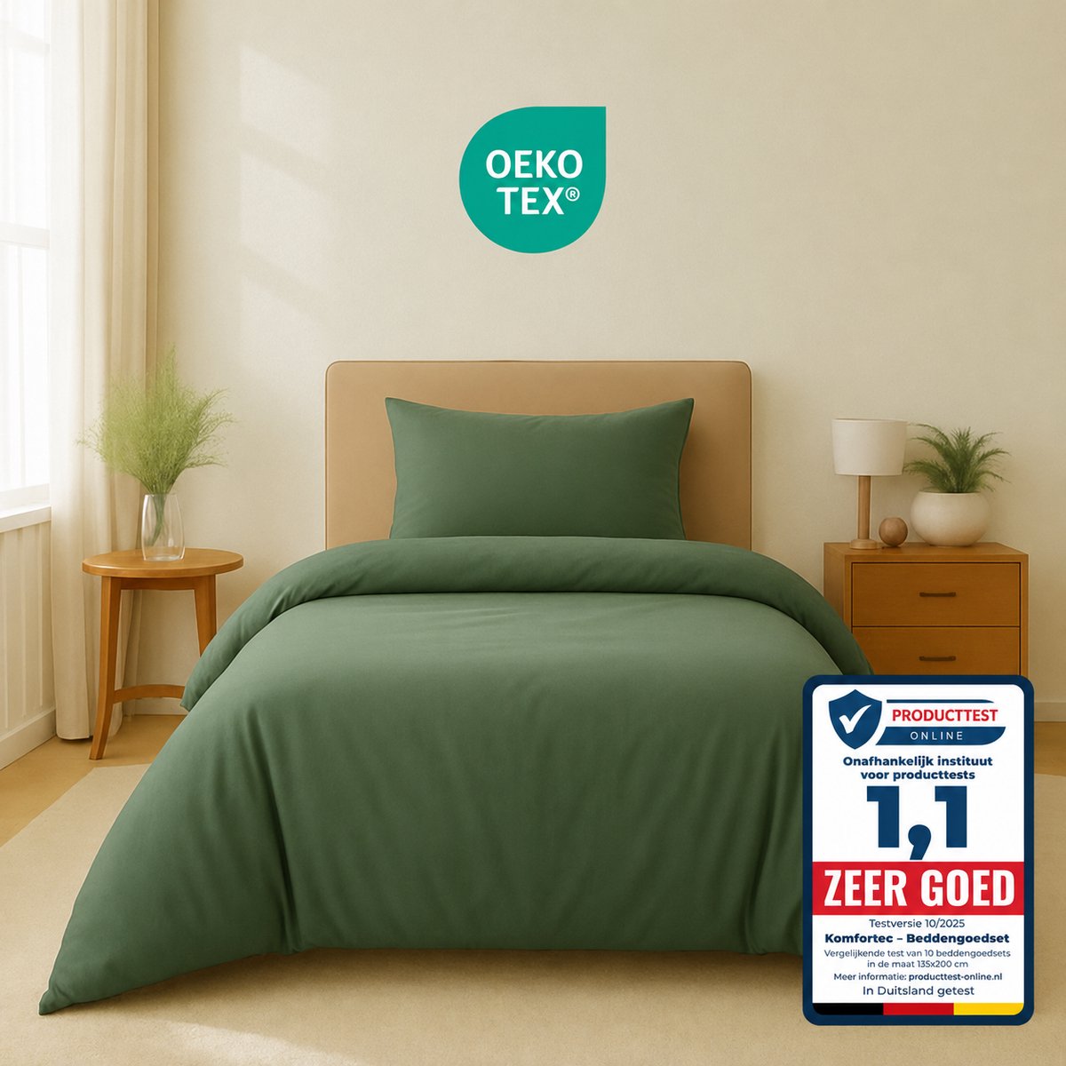 Komfortec Premium Dekbedovertrek 135x200 cm + Kussensloop 40x80 cm - 100% Microvezel - 90 g/m² - 2-Delige Superzachte Beddengoedset - met Rits - Groen