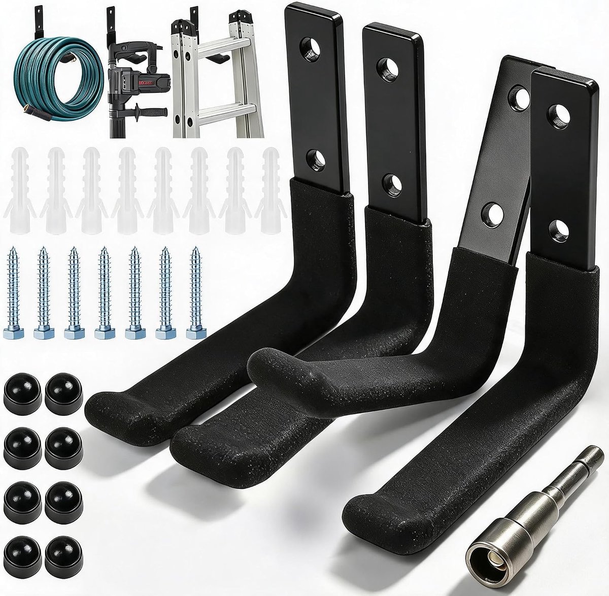 SnelShoppen - Wandhaken garage zware lasten 4 stuks J-vormige staal muurhaken voor ladders, gereedschap, tuingereedschap (10 cm, 30 kg)