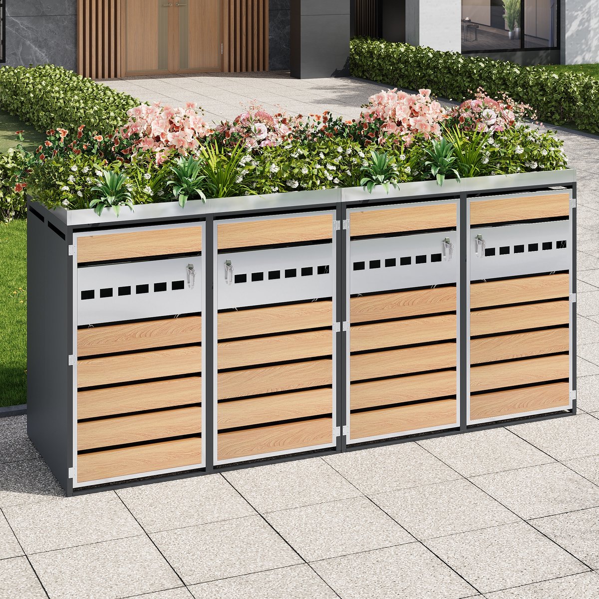 FloraGrace Containerberging – 132 x 80 x 124,5 cm – Afsluitbaar – Metaal – Grijs En Houtlook – Voor 4 Afvalcontainers Met Plantenbak