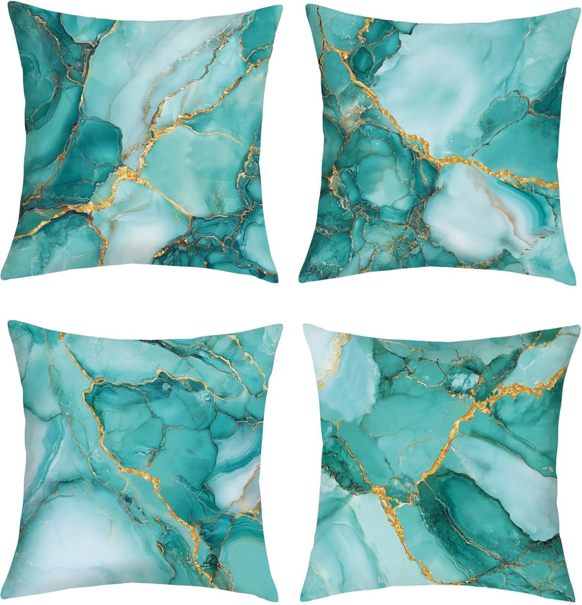 SnelShoppen - Turquoise Marmer Kussenhoezen 45x45 cm, Abstract Design, Set van 4, Hoogwaardige Velours, Decoratieve Sierkussens voor Bank, Moderne Woo