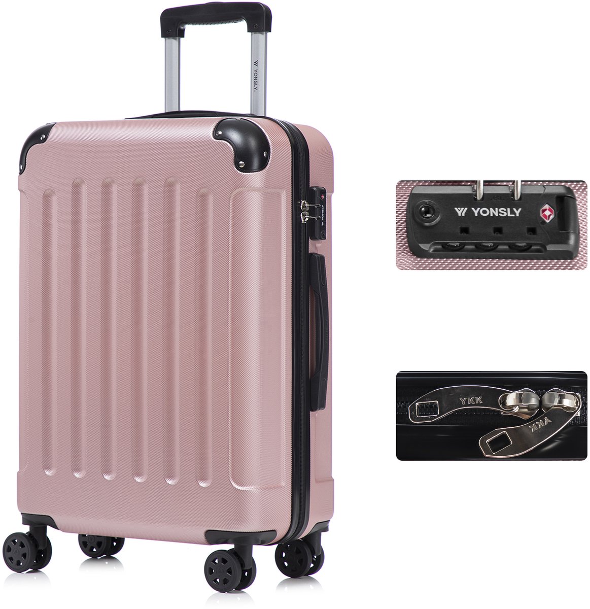 YONSLY Handbagage Koffer - 66cm - 66 L - TSA Slot - 360° Draaibare Wielen - Trolley - Roségoud