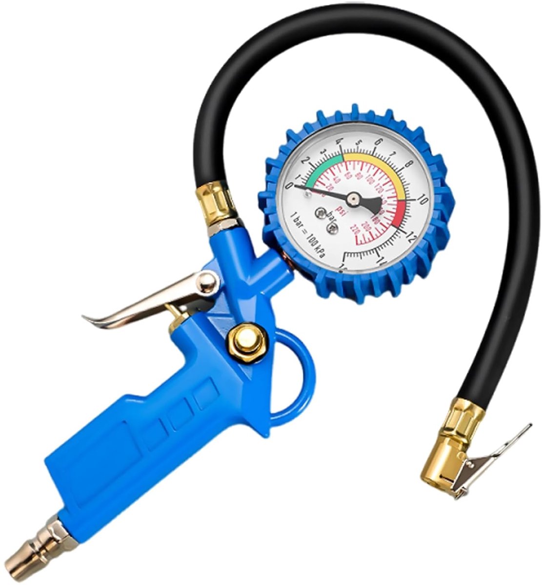 Thijox - Luchtdrukmeter Bandenspanningsmeter 0-16 bar voor Auto Motorfiets - Geijkte Manometer met 260 mm Slang - Metalen Hars Blauw