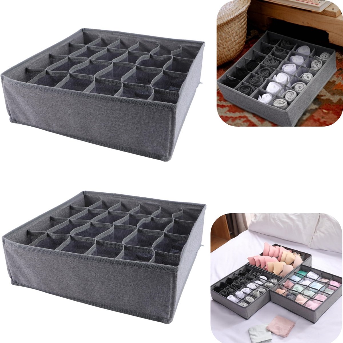 2 stuks opbergdoos - gescheiden opbergdoos - sokken opbergdoos - ondergoed opbergtas - non woven opbergtas - gescheiden type - groot capaciteit - vuilbestendig - opvouwbaar - geschikt voor kledingkast, lade, slaapkamer (grijs, 32*10cm)