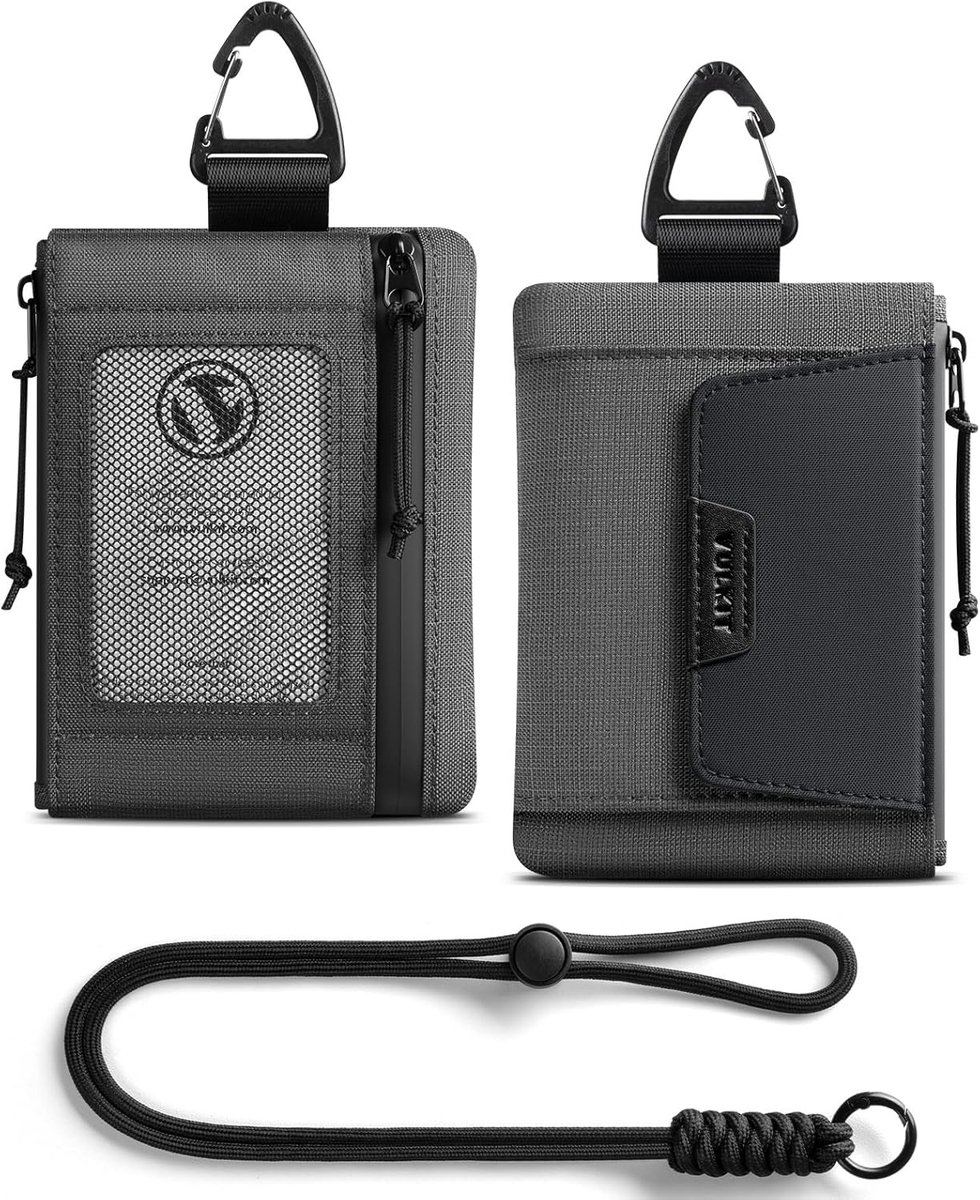 SnelShoppen - RFID-blokkerende lanyard portemonnee voor mannen en vrouwen, nylon nekportemonnee met ID-venster, ritszakje, sleutelhanger en magnetisch