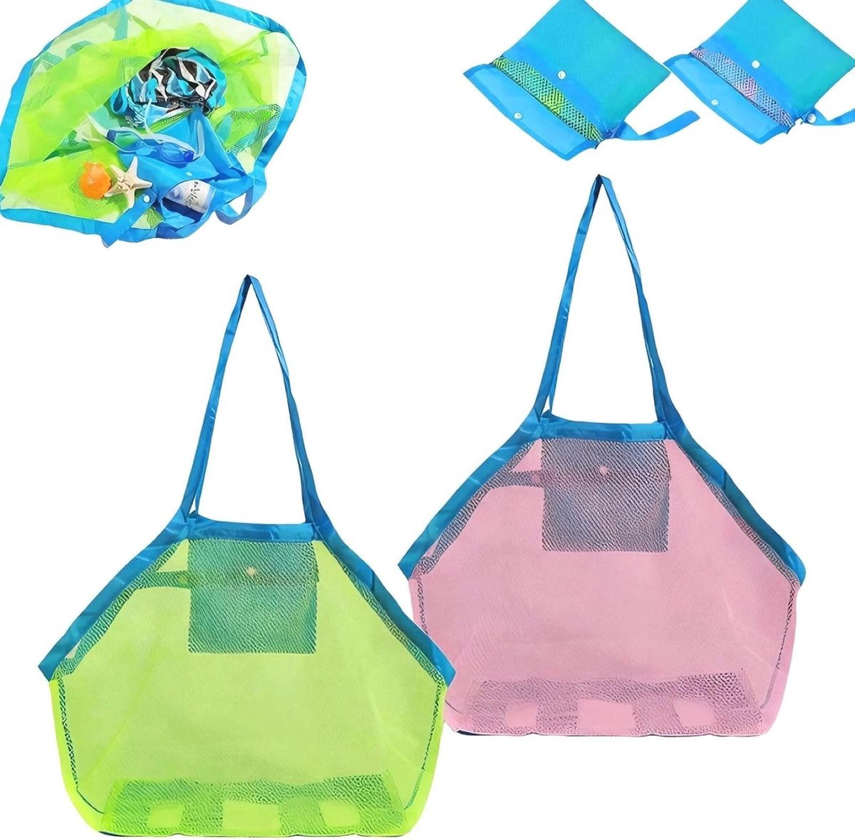 SnelShoppen - Grote Mesh Tas voor Strand Speelgoed, Set van 2, Opvouwbaar Mesh Stof, Herbruikbaar, Draagbaar voor Kinderen, Buiten, Zwemmen, Zwembad,