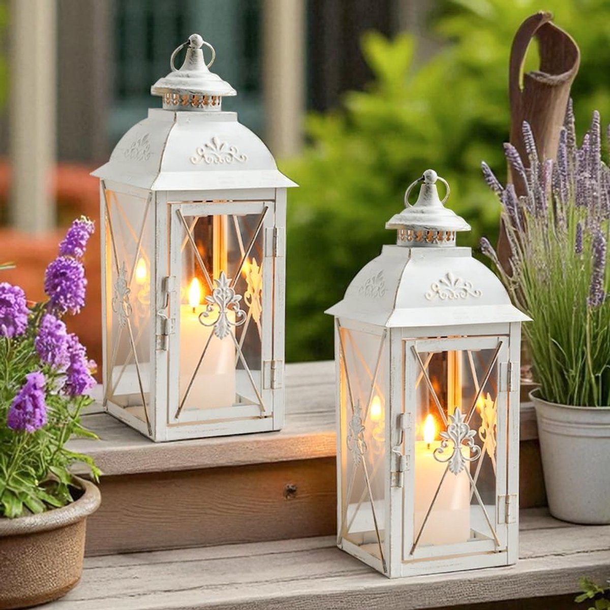 Set van 2 Vintage Hangende Lantaarns - 33.5 cm Decoratieve Metaal en Gelaagd Glas Kaarsenhouder - Perfect voor Binnen/Buiten, Tuinfeesten en Terrasdecoratie