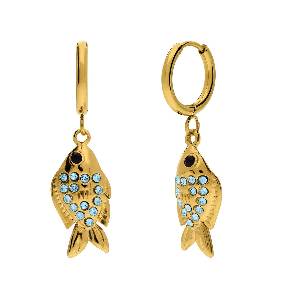 Lucardi Dames Stainless steel goldplated oorringen met hanger vis voor dames - Oorbellen - Staal - Goudkleurig