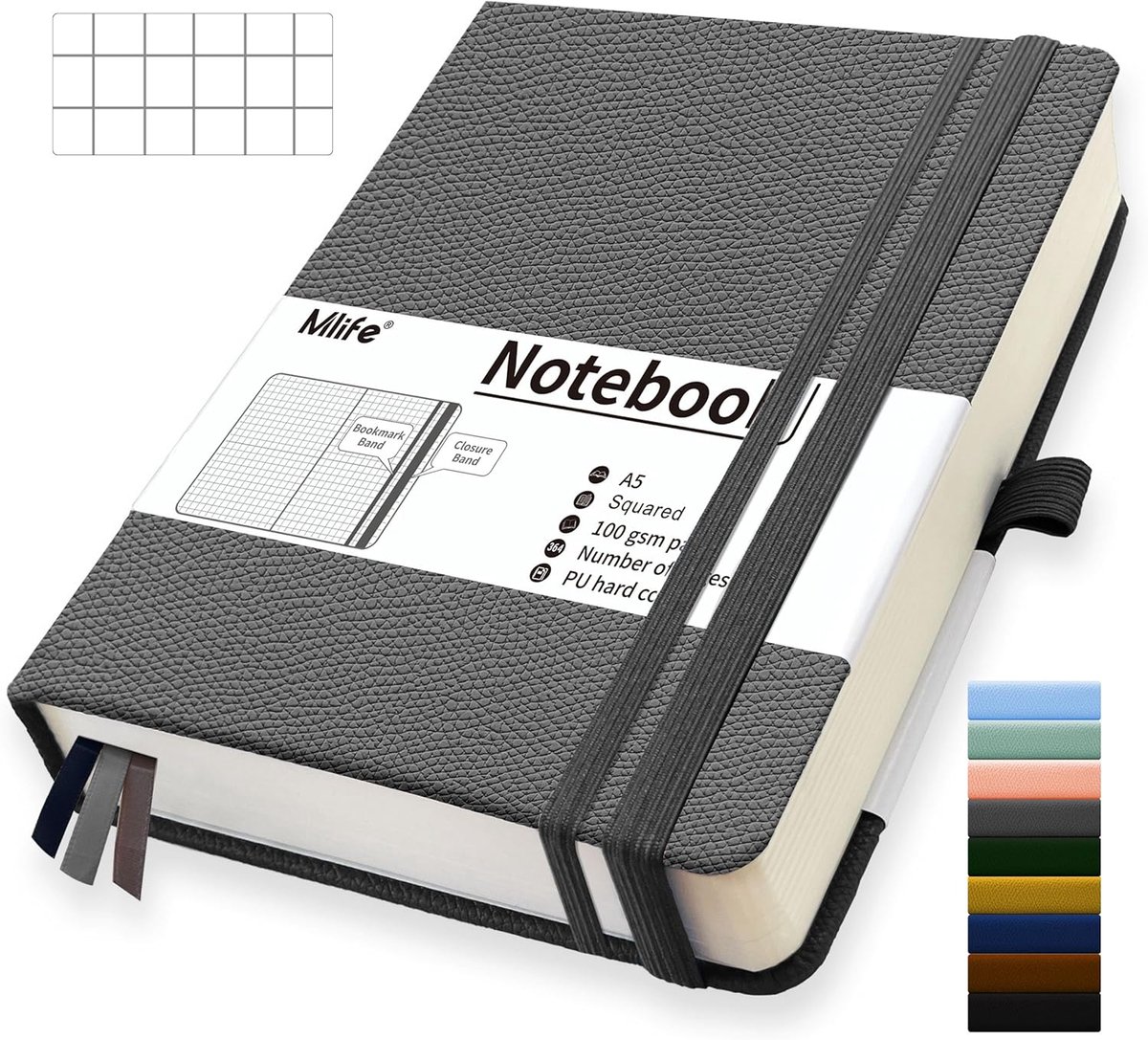 SnelShoppen - A5 Notitieboek met Hardcover, 360 Genummerde Pagina's, 100g/m² Papier, Vouwzakje, Grijs, Perfect voor School, Kantoor en Thuisgebruik