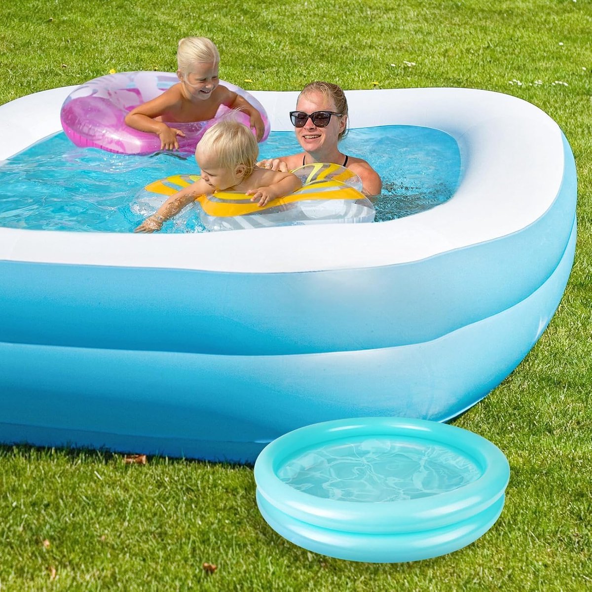 Opblaasbaar voetenbad, opblaasbare voetenwasbak (Ø 60 cm), blauw pvc-voetenbad voor zwembaden en spa's, inclusief pomp, voor zwembadtrappen