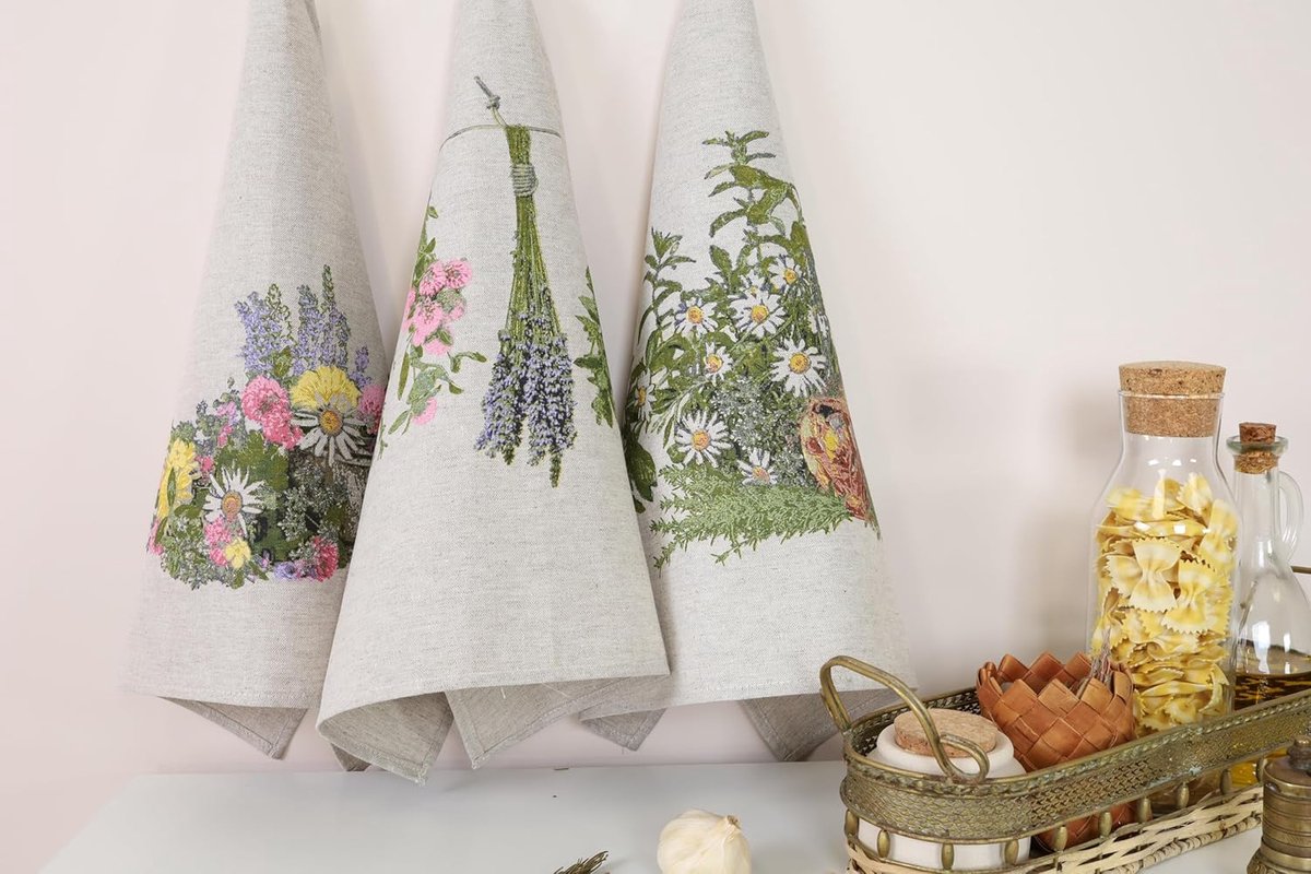 SnelShoppen - Set van 3 Half Linnen Keukenhanddoeken 46 x 60 cm, Handdoeken met Hanger, 60% Linnen 40% Katoen, Kleurige Kruiden en Bloemen Prints voor