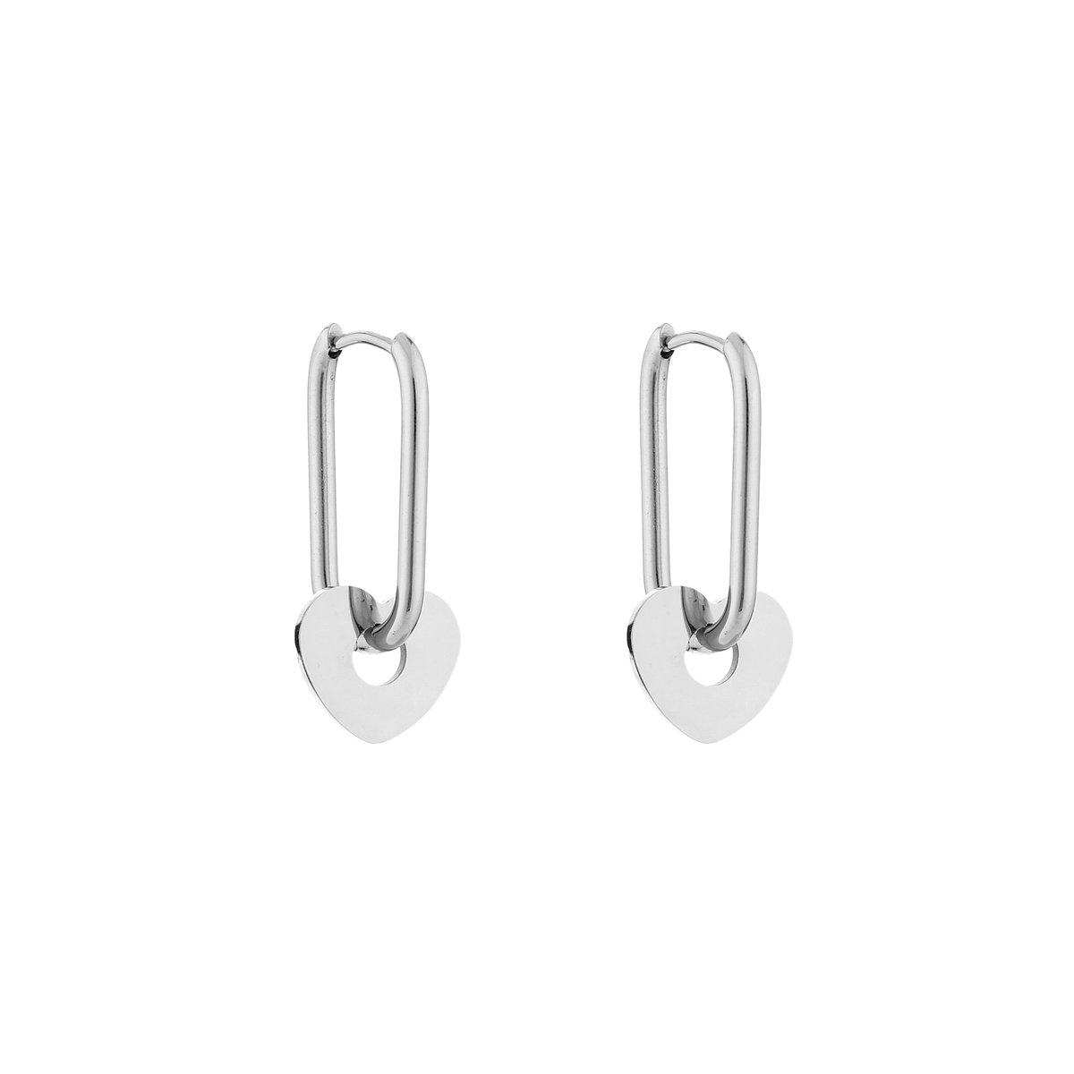 Stainless Steel Langwerpige Oorringen met Hartjeshanger – Elegante & Romantische Oorhangers - RVS - Zilver