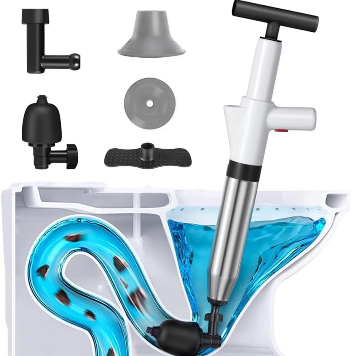 SnelShoppen - Drain Cleaner Pomp Toilet Ontstopper, Gecomprimeerde Lucht, Tube Cleaner met Verwisselbare Koppen, Hoge Druk Schoonmaak Pomp voor Wastaf