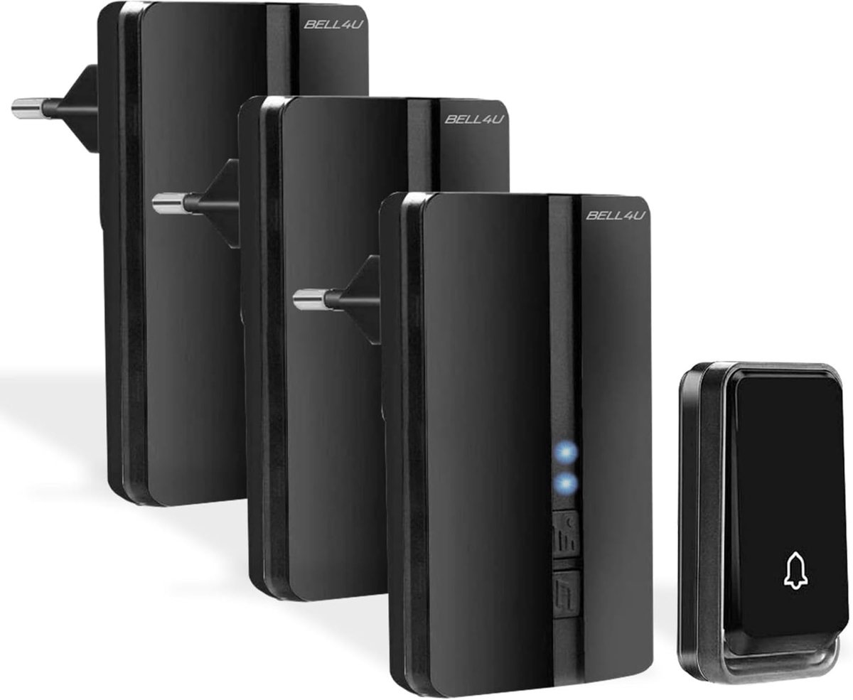 SnelShoppen - Draadloze Deurbel met 3 Ontvangers, Kinetische Energie, Waterproof Drukknop, Flitsende LED, 52 Ringtones, 4 Volume Niveaus, Zwart - Idea